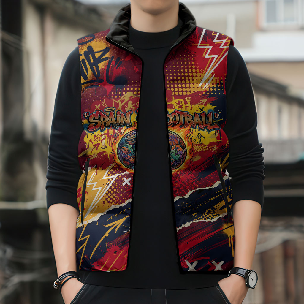 Spain Football Rule The Pitch Sleeveless Puffer Jacket Urban Graffiti Soccer Player Flaming Ball