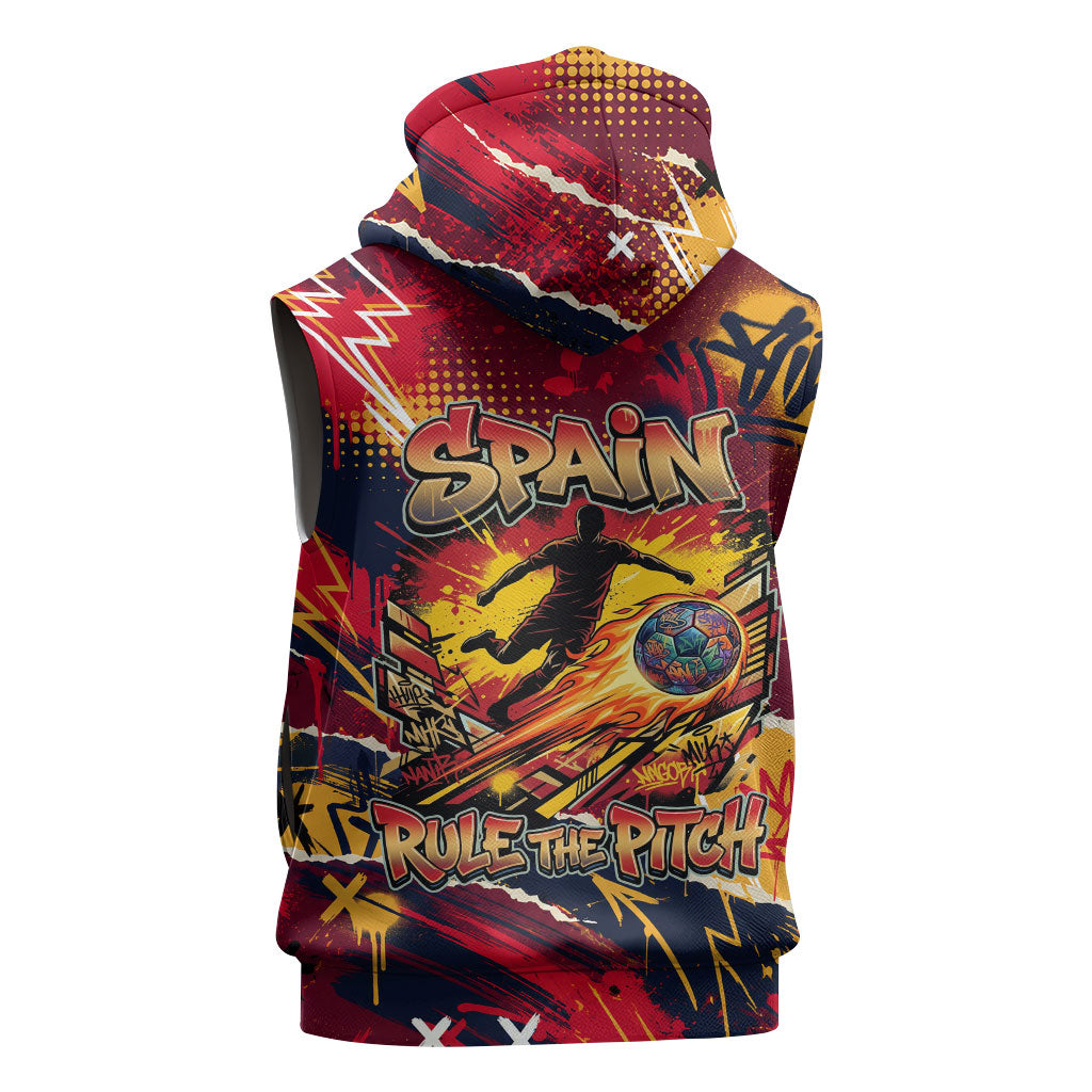 Spain Football Rule The Pitch Sleeveless Zip Hoodie Urban Graffiti Soccer Player Flaming Ball