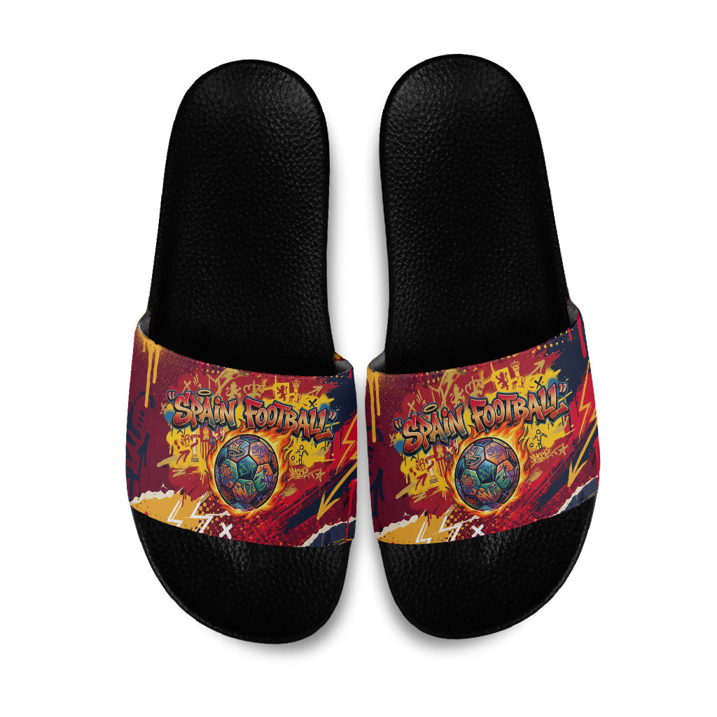Spain Football Rule The Pitch Slide Sandals Urban Graffiti Soccer Player Flaming Ball