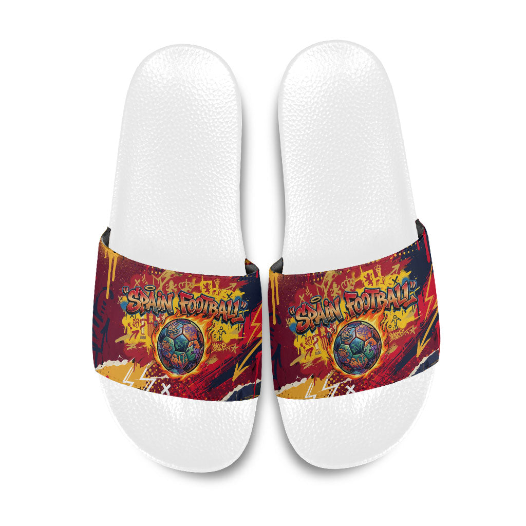 Spain Football Rule The Pitch Slide Sandals Urban Graffiti Soccer Player Flaming Ball
