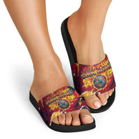 Spain Football Rule The Pitch Slide Sandals Urban Graffiti Soccer Player Flaming Ball