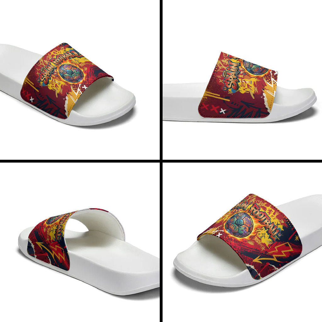 Spain Football Rule The Pitch Slide Sandals Urban Graffiti Soccer Player Flaming Ball