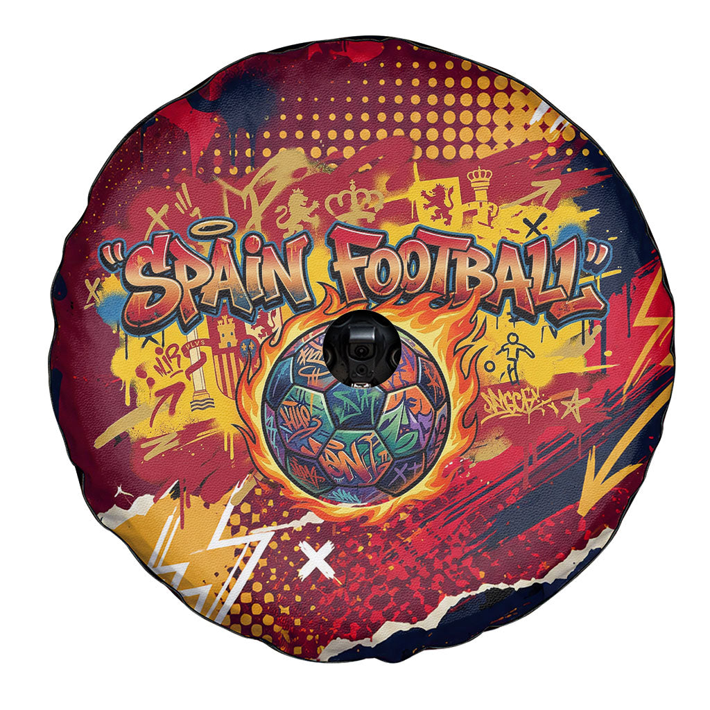 Spain Football Rule The Pitch Spare Tire Cover Urban Graffiti Soccer Player Flaming Ball