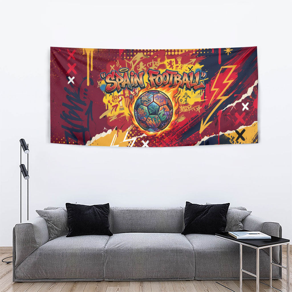 Spain Football Rule The Pitch Tapestry Urban Graffiti Soccer Player Flaming Ball