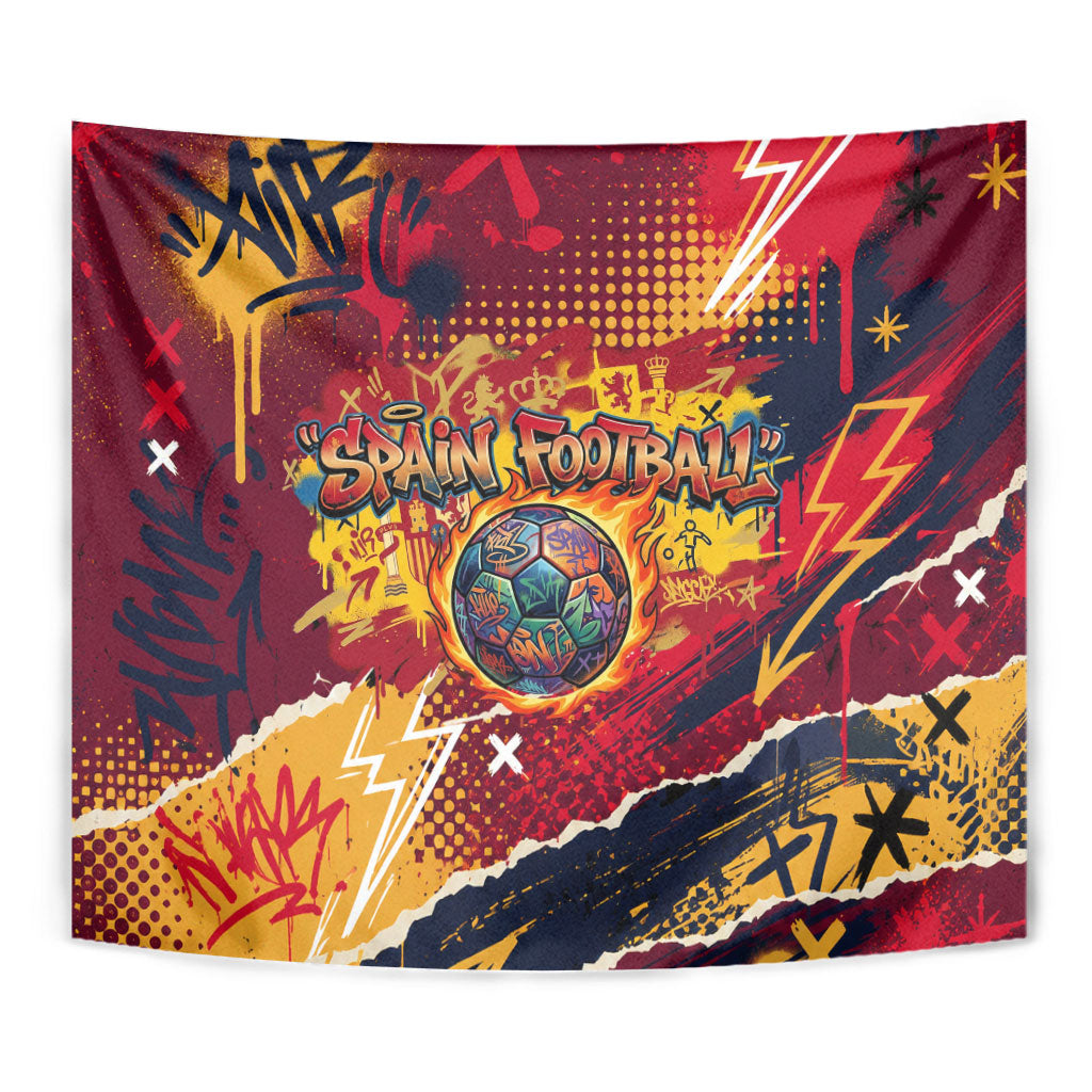 Spain Football Rule The Pitch Tapestry Urban Graffiti Soccer Player Flaming Ball