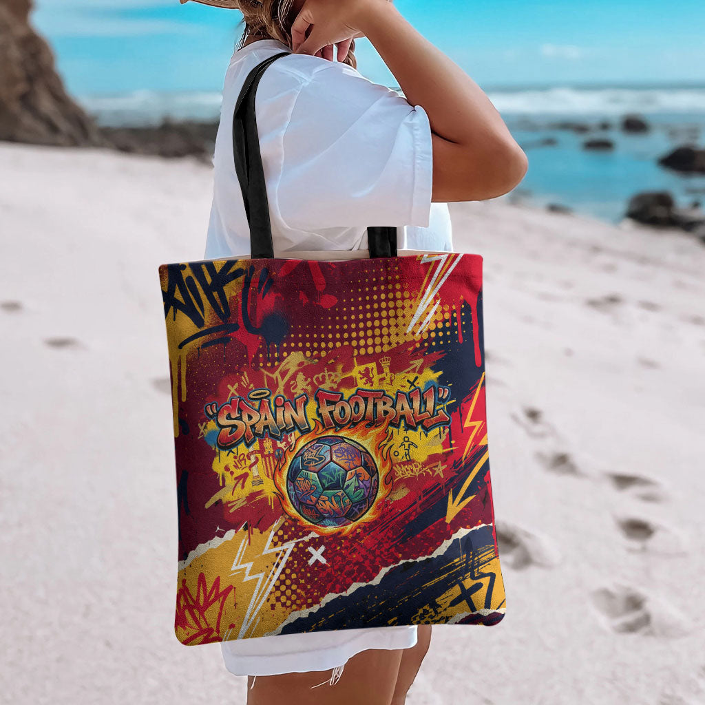 Spain Football Rule The Pitch Tote Bag Urban Graffiti Soccer Player Flaming Ball