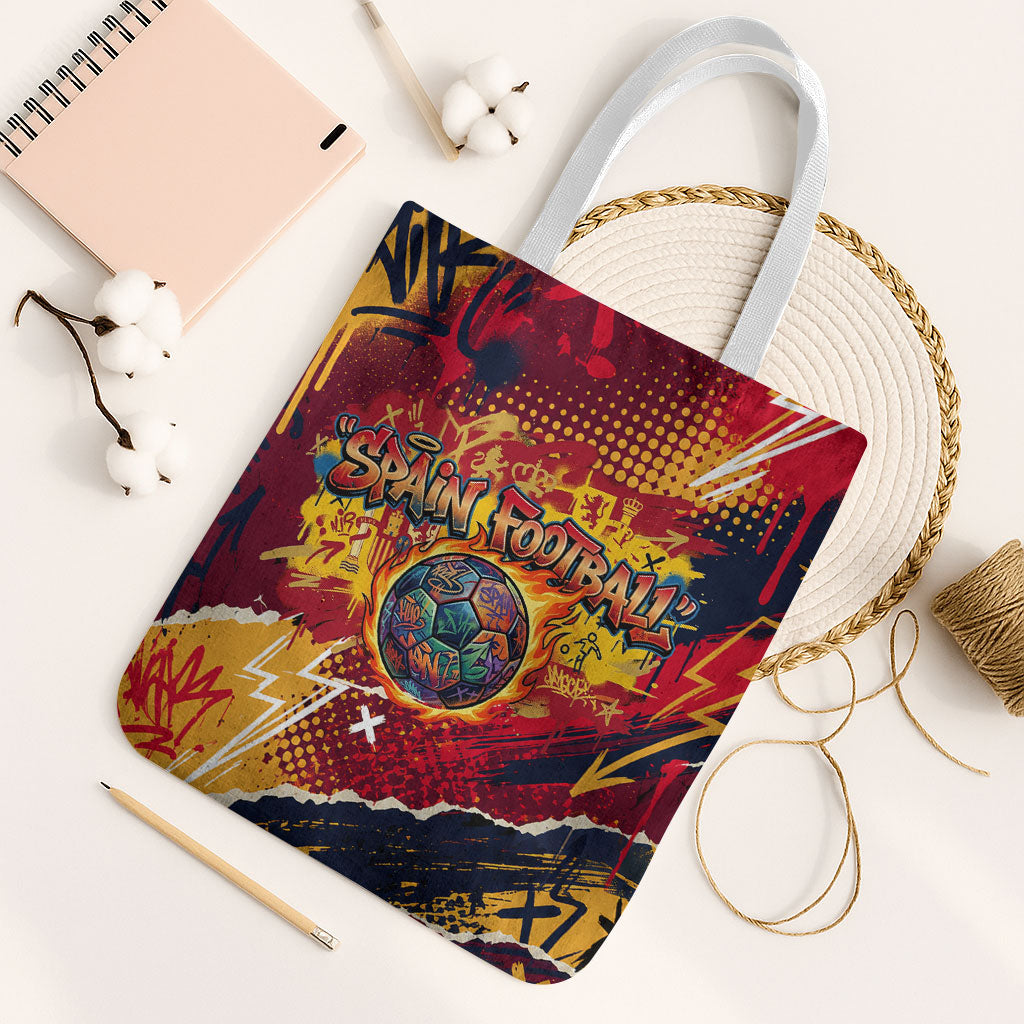 Spain Football Rule The Pitch Tote Bag Urban Graffiti Soccer Player Flaming Ball