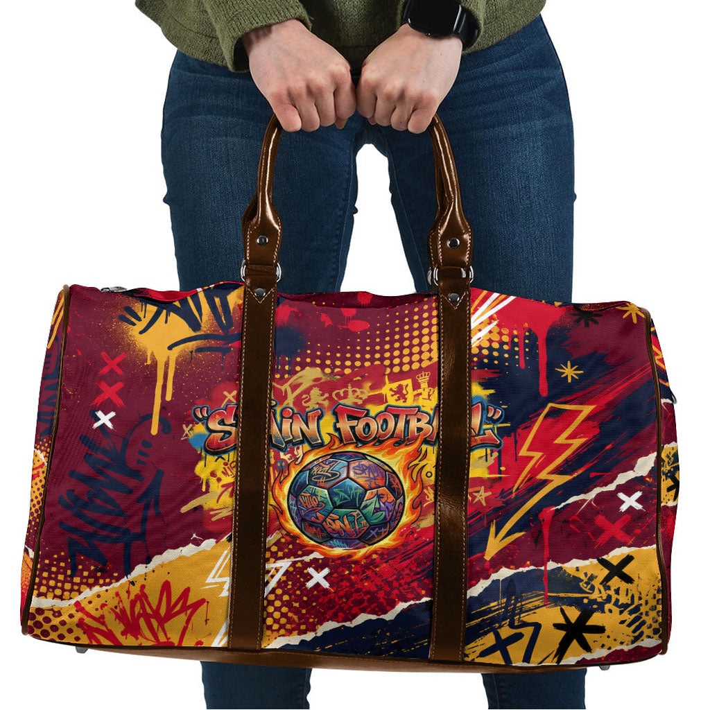 Spain Football Rule The Pitch Travel Bag Urban Graffiti Soccer Player Flaming Ball