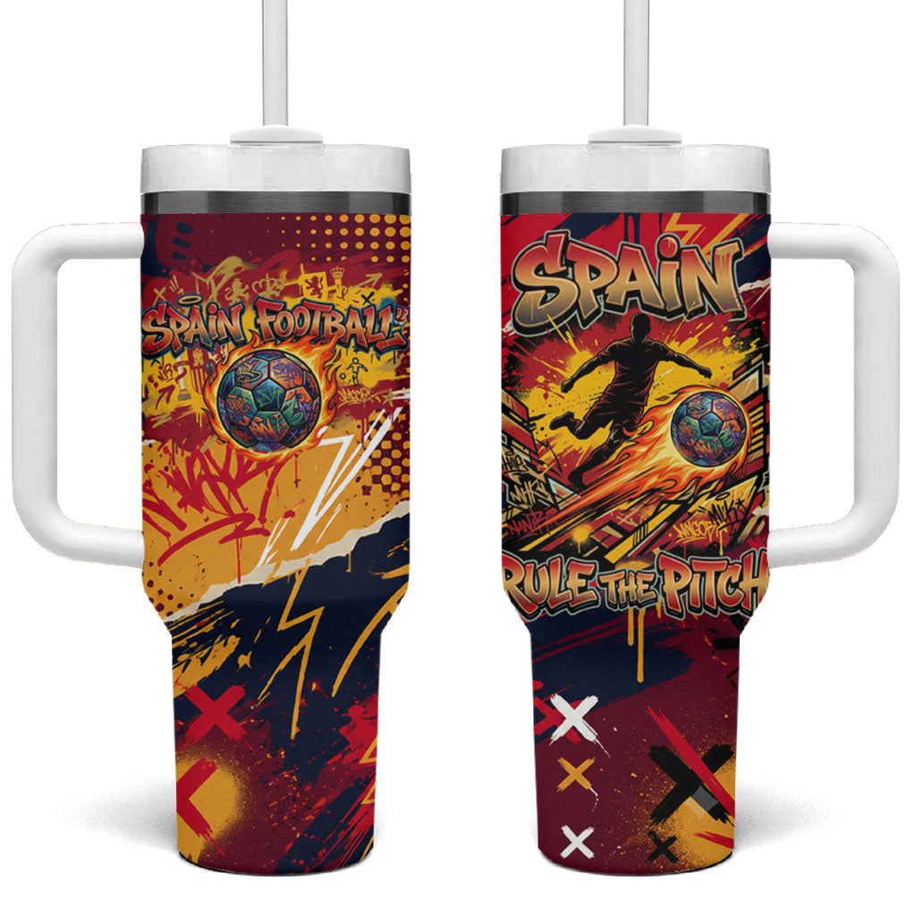 Spain Football Rule The Pitch Tumbler With Handle Urban Graffiti Soccer Player Flaming Ball