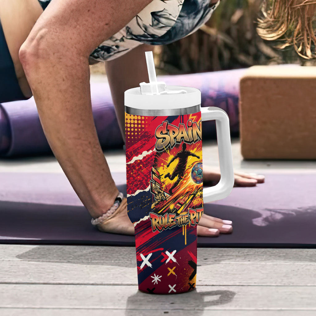 Spain Football Rule The Pitch Tumbler With Handle Urban Graffiti Soccer Player Flaming Ball