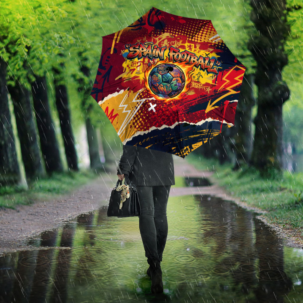 Spain Football Rule The Pitch Umbrella Urban Graffiti Soccer Player Flaming Ball