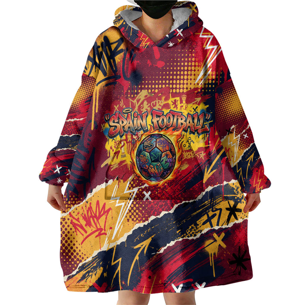 Spain Football Rule The Pitch Wearable Blanket Hoodie Urban Graffiti Soccer Player Flaming Ball