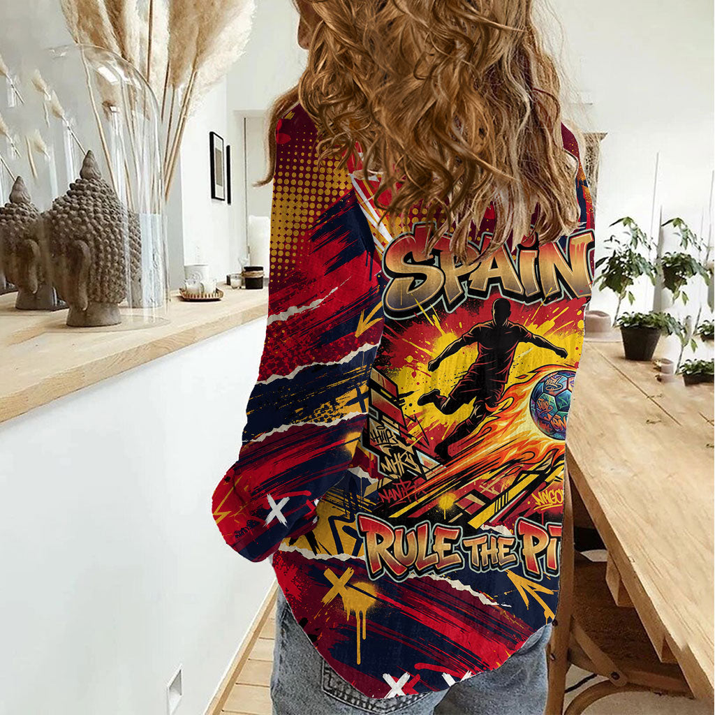 Spain Football Rule The Pitch Women Casual Shirt Urban Graffiti Soccer Player Flaming Ball