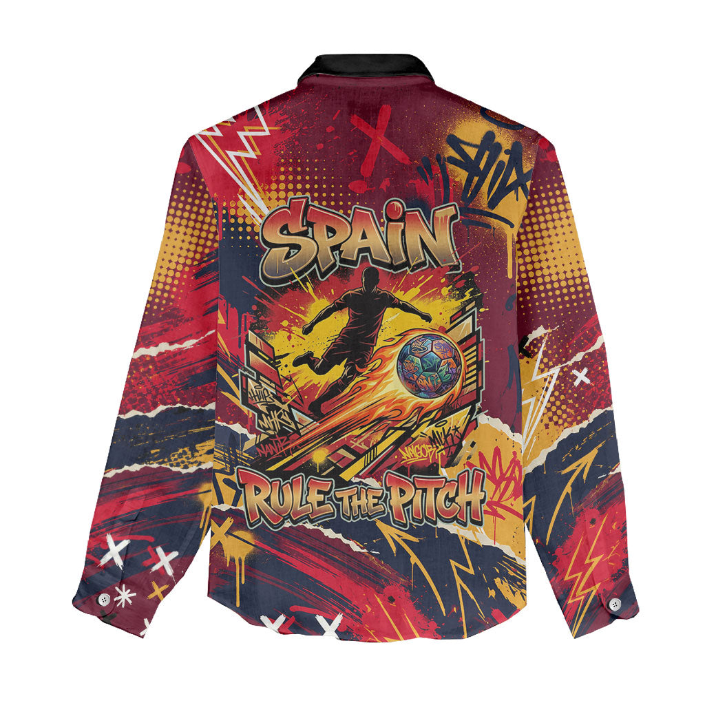 Spain Football Rule The Pitch Women Casual Shirt Urban Graffiti Soccer Player Flaming Ball