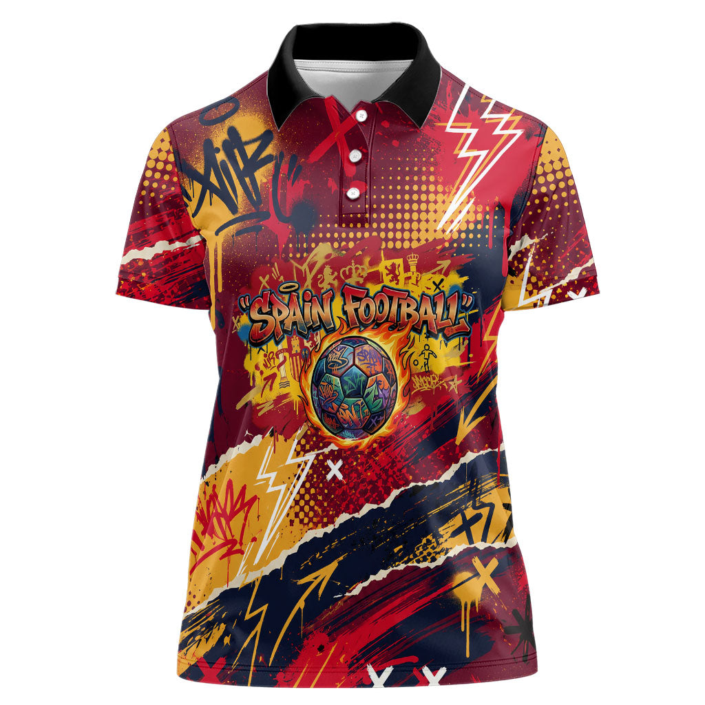 Spain Football Rule The Pitch Women Polo Shirt Urban Graffiti Soccer Player Flaming Ball