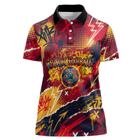 Spain Football Rule The Pitch Women Polo Shirt Urban Graffiti Soccer Player Flaming Ball