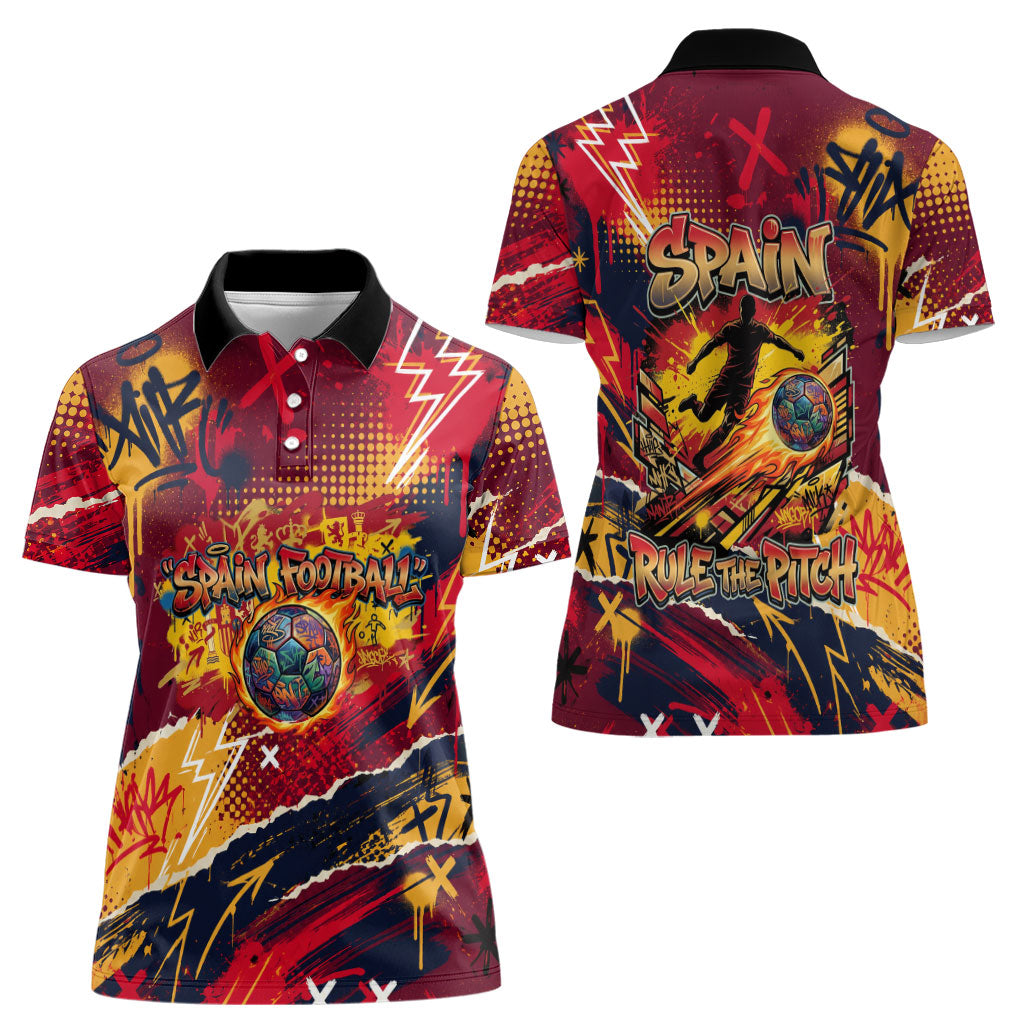 Spain Football Rule The Pitch Women Polo Shirt Urban Graffiti Soccer Player Flaming Ball