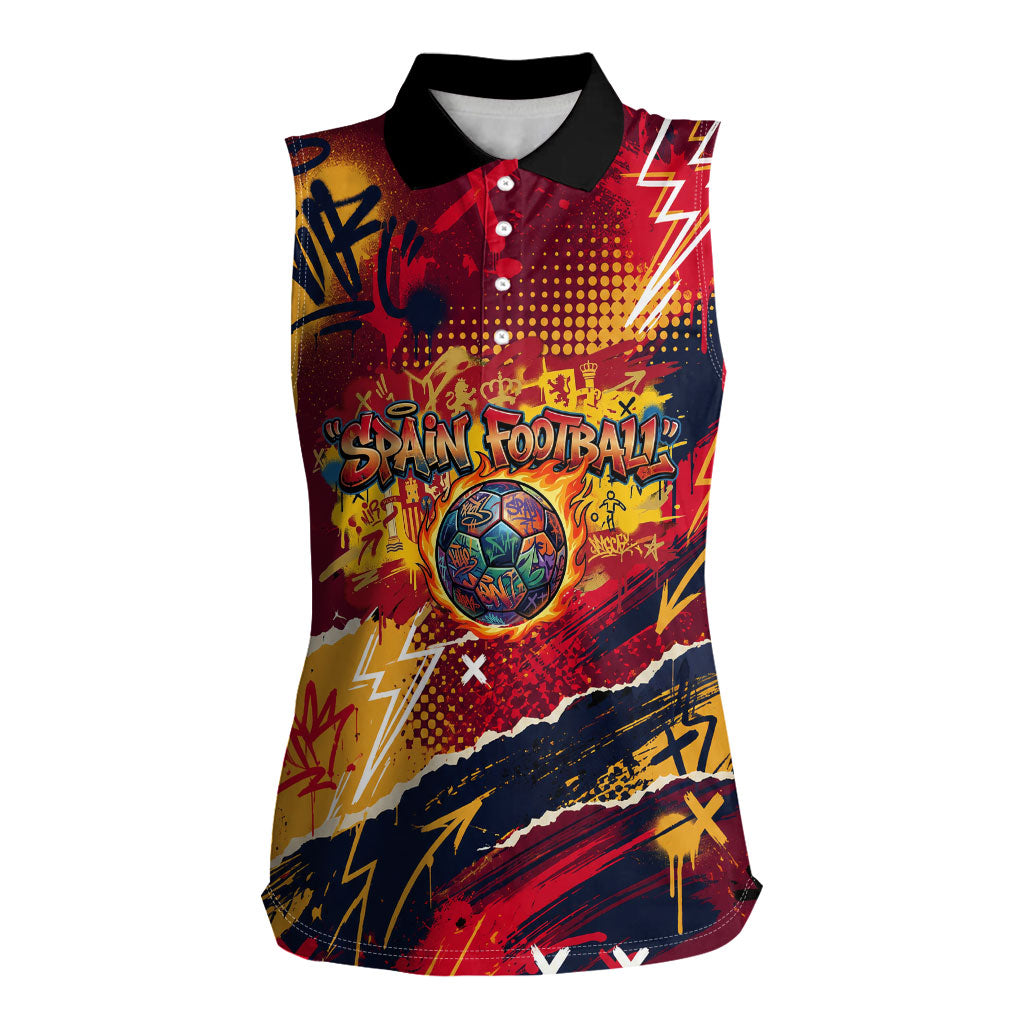 Spain Football Rule The Pitch Women Sleeveless Polo Shirt Urban Graffiti Soccer Player Flaming Ball