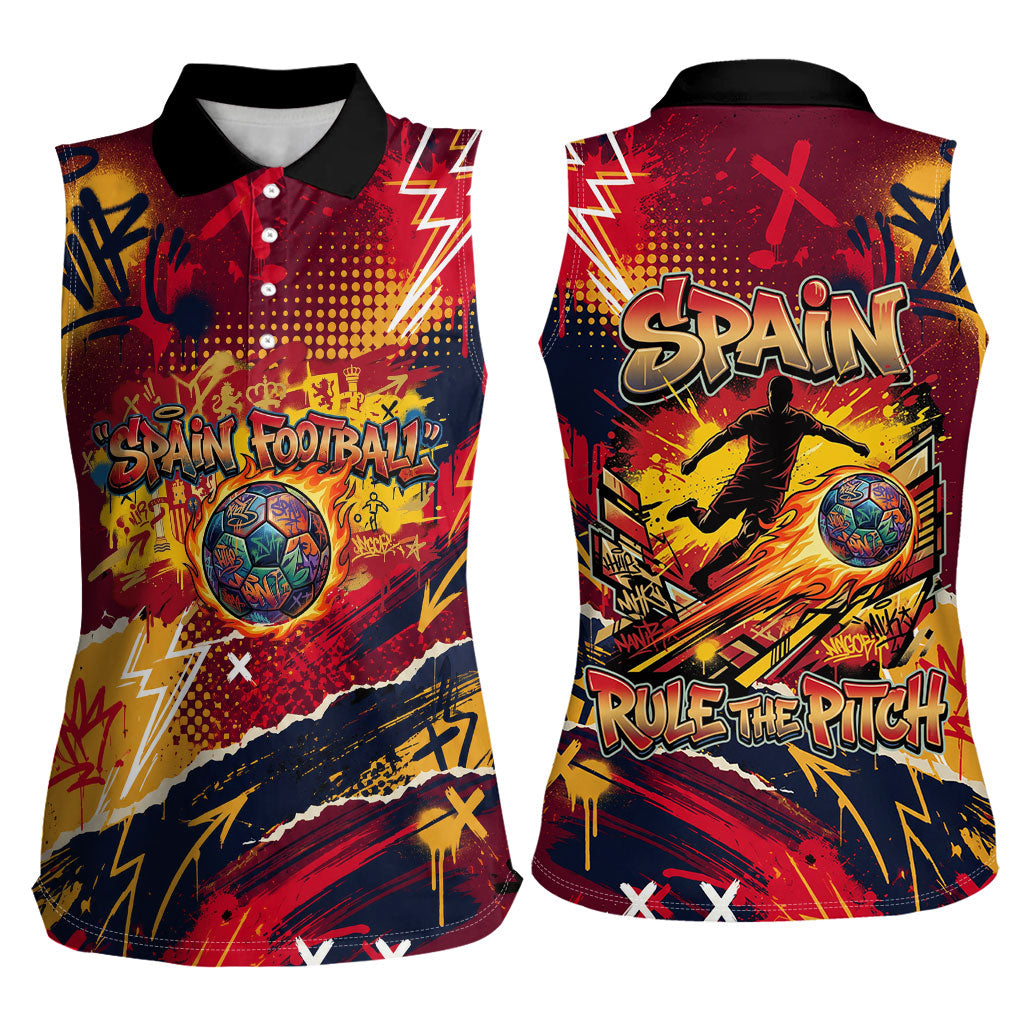 Spain Football Rule The Pitch Women Sleeveless Polo Shirt Urban Graffiti Soccer Player Flaming Ball