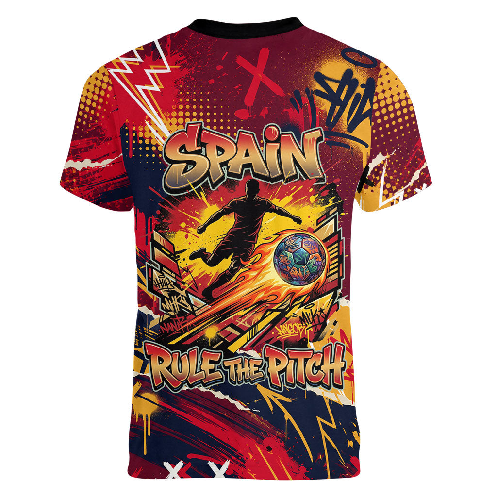 Spain Football Rule The Pitch Women V-Neck T-Shirt Urban Graffiti Soccer Player Flaming Ball