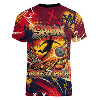 Spain Football Rule The Pitch Women V-Neck T-Shirt Urban Graffiti Soccer Player Flaming Ball