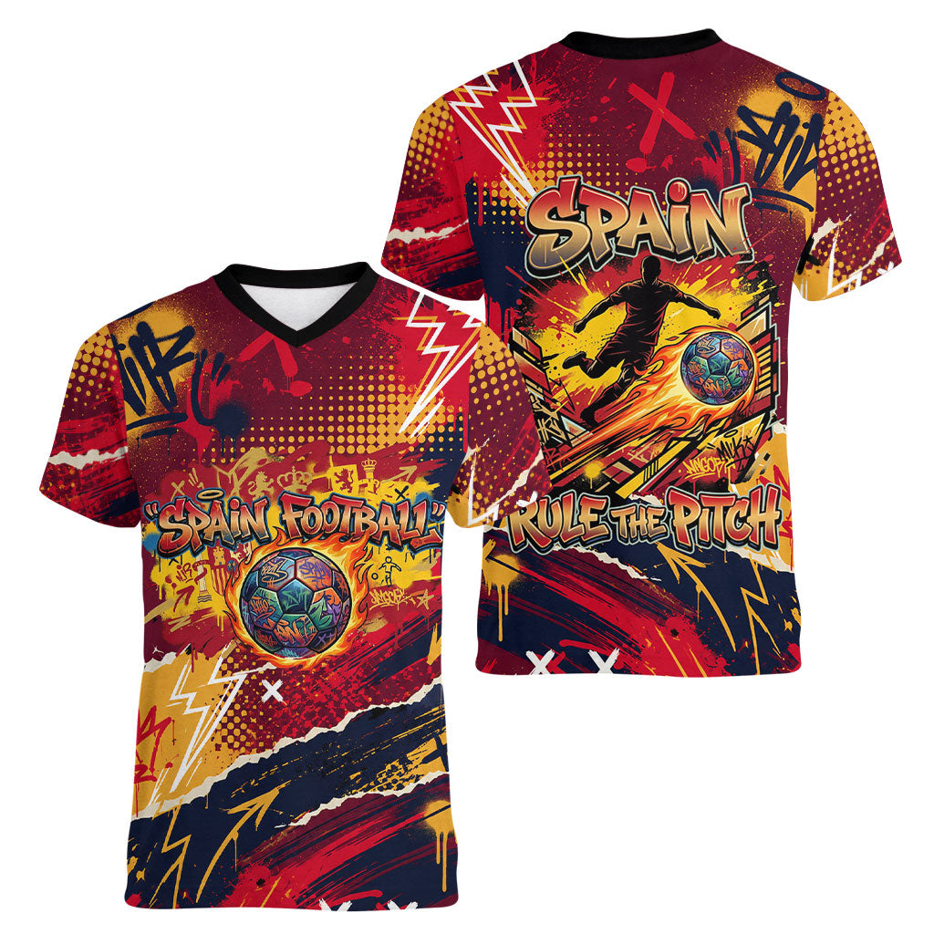 Spain Football Rule The Pitch Women V-Neck T-Shirt Urban Graffiti Soccer Player Flaming Ball