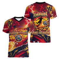 Spain Football Rule The Pitch Women V-Neck T-Shirt Urban Graffiti Soccer Player Flaming Ball