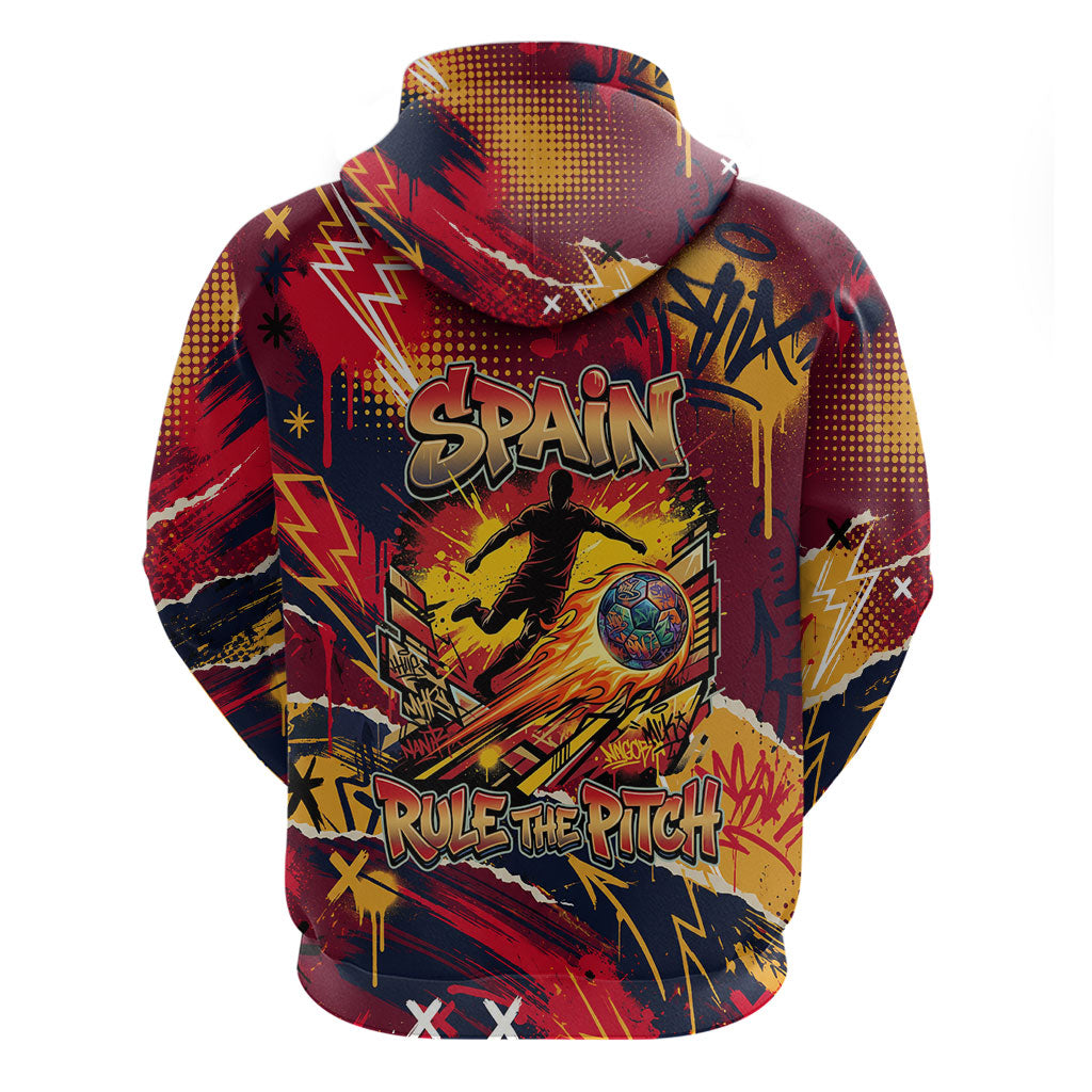 Spain Football Rule The Pitch Zip Hoodie Urban Graffiti Soccer Player Flaming Ball