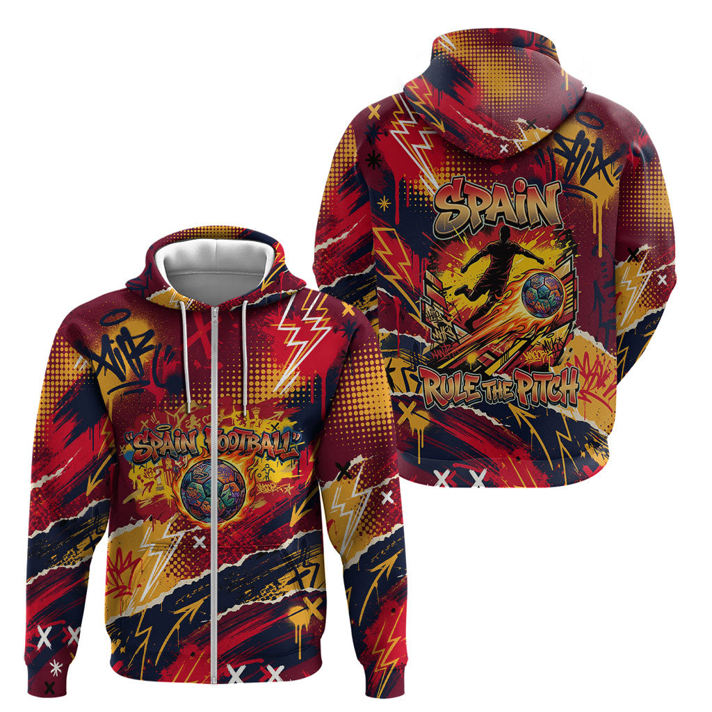 Spain Football Rule The Pitch Zip Hoodie Urban Graffiti Soccer Player Flaming Ball