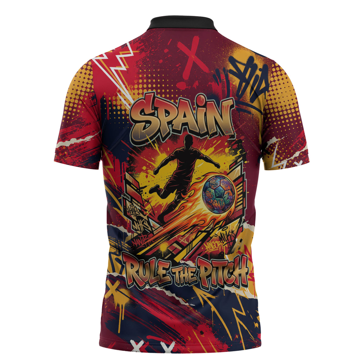 Spain Football Rule The Pitch Zipper Polo Shirt Urban Graffiti Soccer Player Flaming Ball