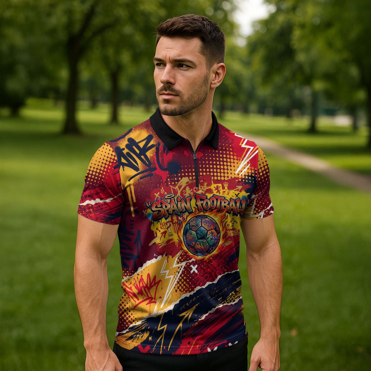 Spain Football Rule The Pitch Zipper Polo Shirt Urban Graffiti Soccer Player Flaming Ball
