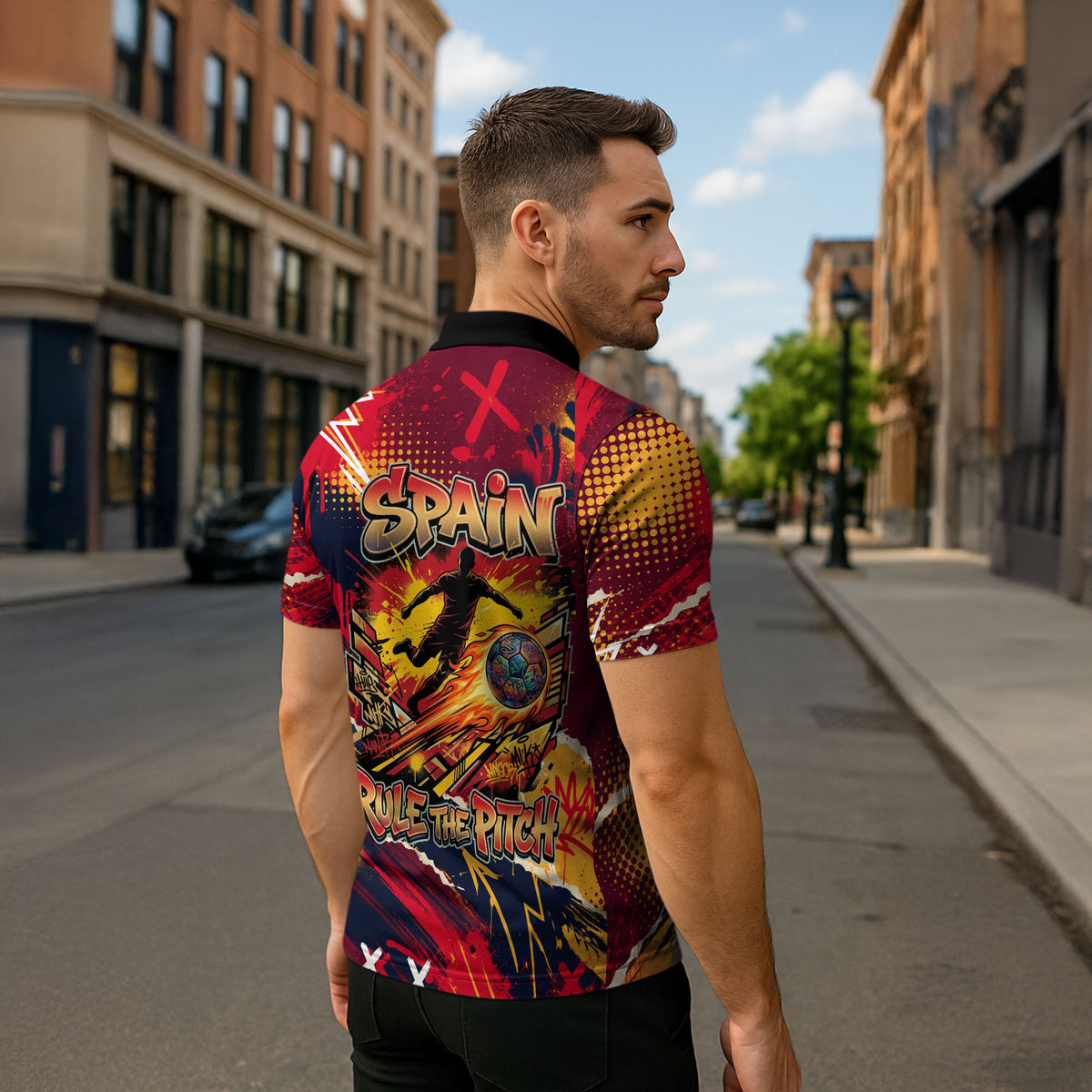 Spain Football Rule The Pitch Zipper Polo Shirt Urban Graffiti Soccer Player Flaming Ball