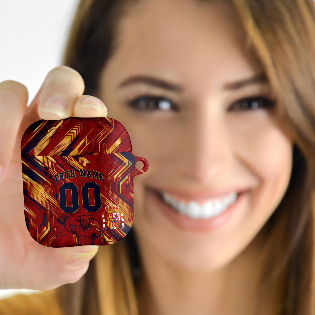 Personalized Spain Football AirPods Case Spanish Shield Bull Mascot