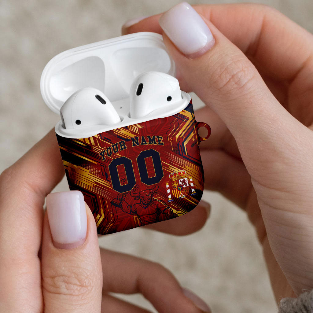 Personalized Spain Football AirPods Case Spanish Shield Bull Mascot