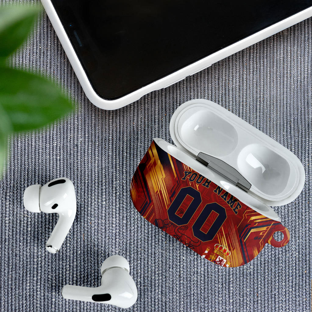 Personalized Spain Football AirPods Case Spanish Shield Bull Mascot