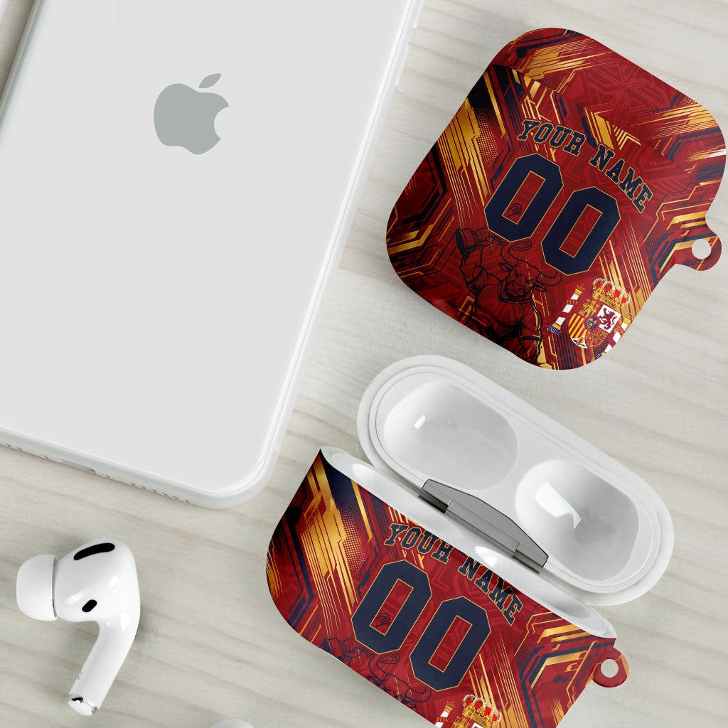 Personalized Spain Football AirPods Case Spanish Shield Bull Mascot