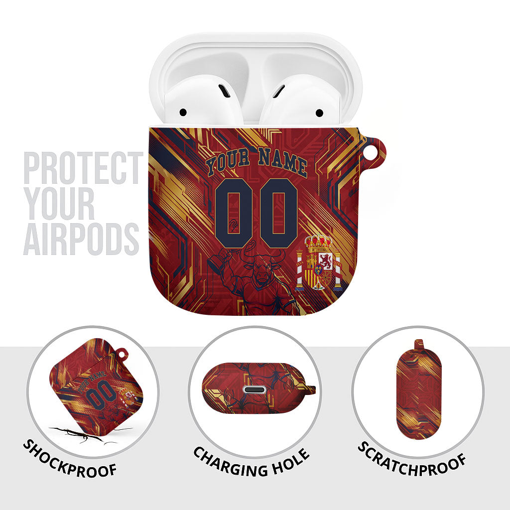 Personalized Spain Football AirPods Case Spanish Shield Bull Mascot