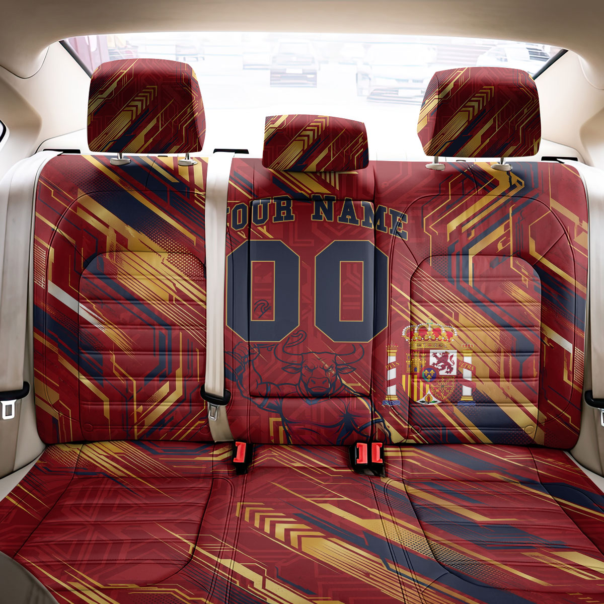 Personalized Spain Football Back Car Seat Cover Spanish Shield Bull Mascot