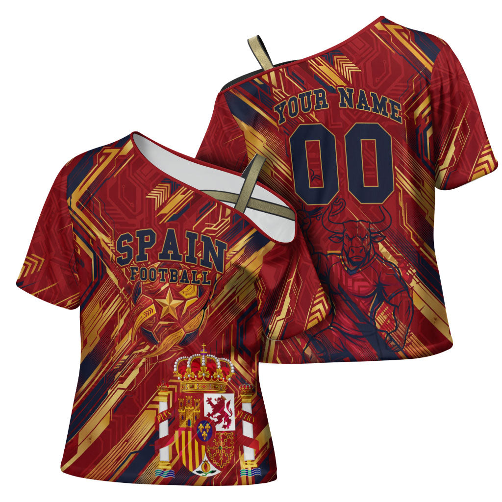 Personalized Spain Football Cross Shoulder Shirt Spanish Shield Bull Mascot