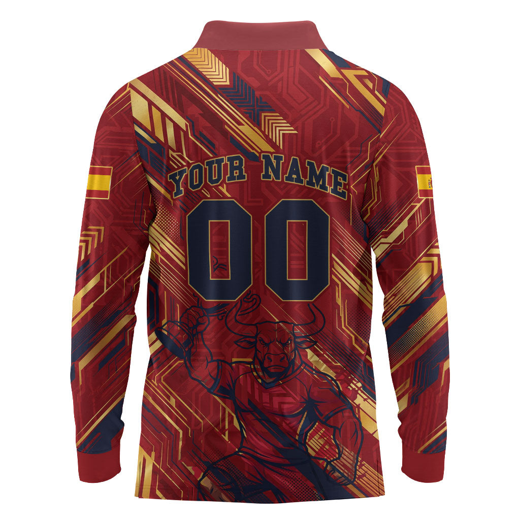 Personalized Spain Football Long Sleeve Polo Shirt Spanish Shield Bull Mascot