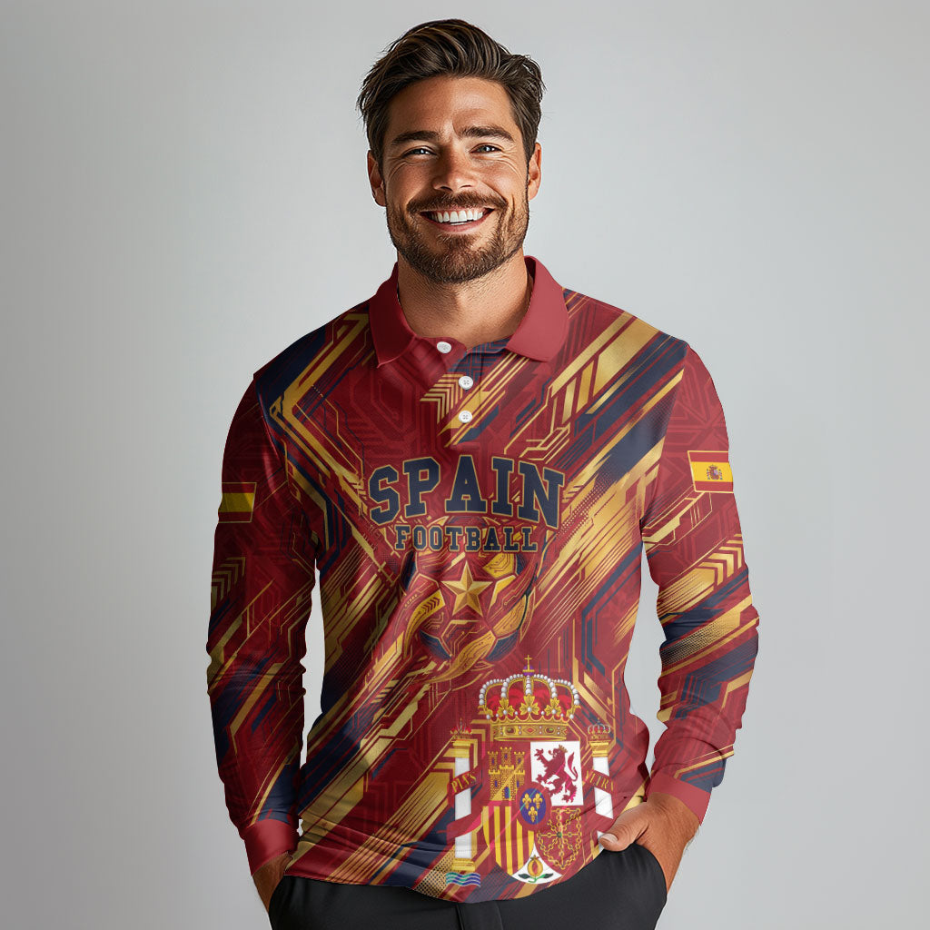 Personalized Spain Football Long Sleeve Polo Shirt Spanish Shield Bull Mascot