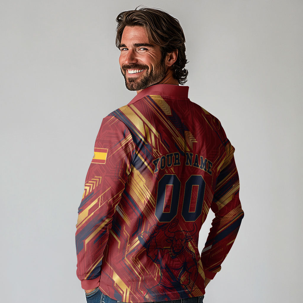 Personalized Spain Football Long Sleeve Polo Shirt Spanish Shield Bull Mascot