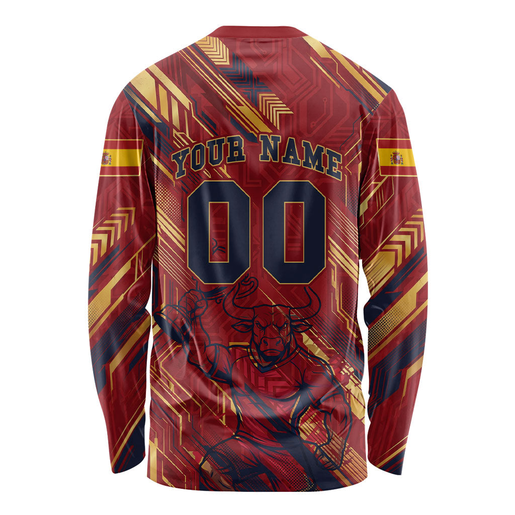 Personalized Spain Football Long Sleeve Shirt Spanish Shield Bull Mascot