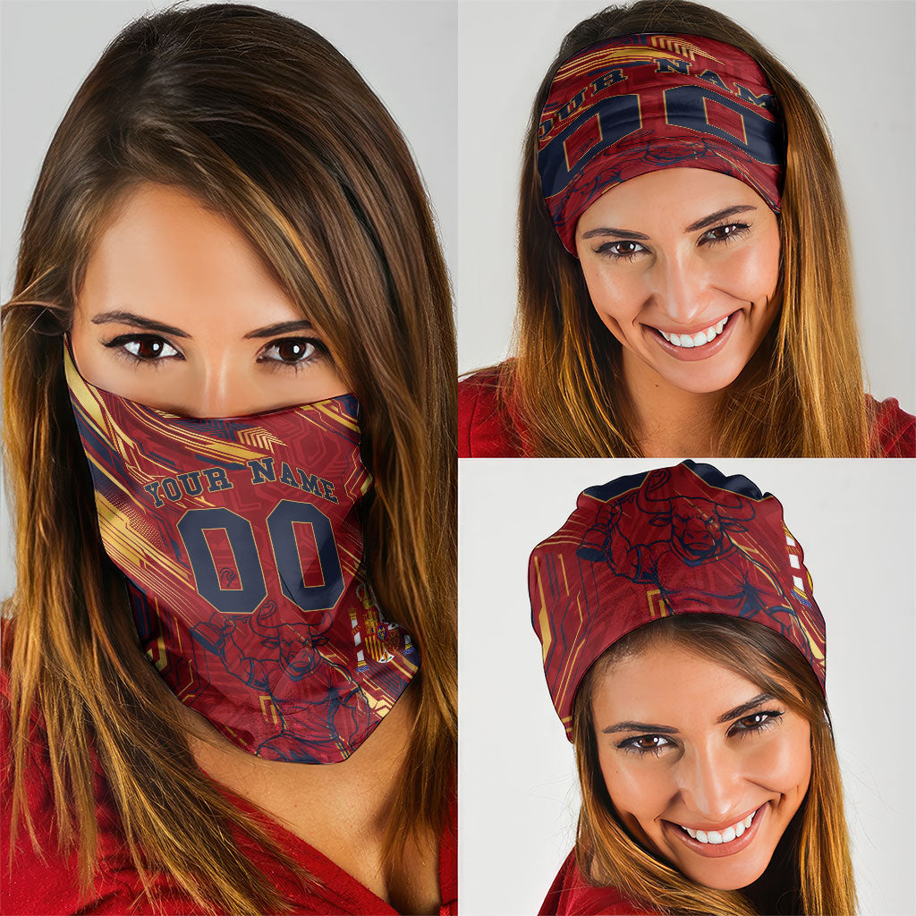 Personalized Spain Football Neck Gaiter Spanish Shield Bull Mascot