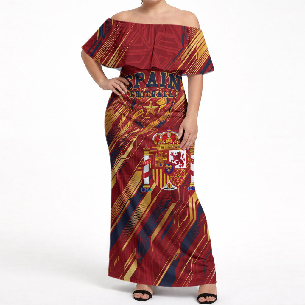 Personalized Spain Football Off Shoulder Maxi Dress Spanish Shield Bull Mascot