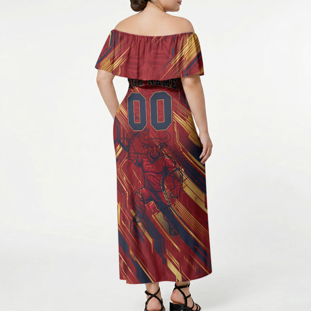Personalized Spain Football Off Shoulder Maxi Dress Spanish Shield Bull Mascot