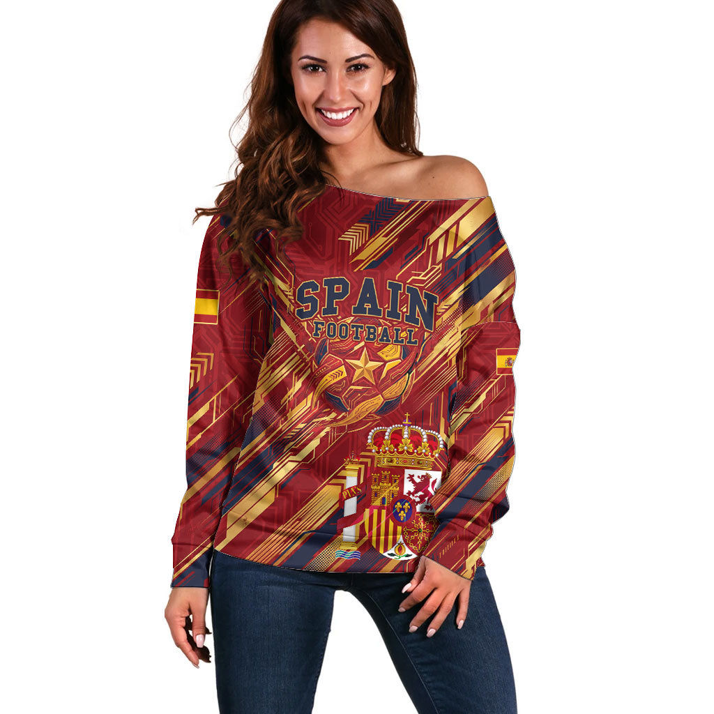 Personalized Spain Football Off Shoulder Sweater Spanish Shield Bull Mascot