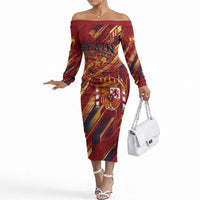 Personalized Spain Football Off The Shoulder Long Sleeve Dress Spanish Shield Bull Mascot