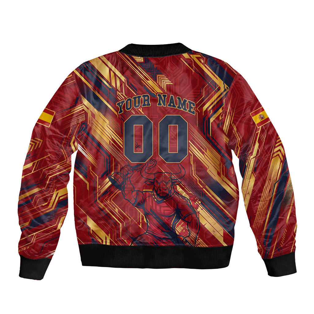 Personalized Spain Football Sleeve Zip Bomber Jacket Spanish Shield Bull Mascot