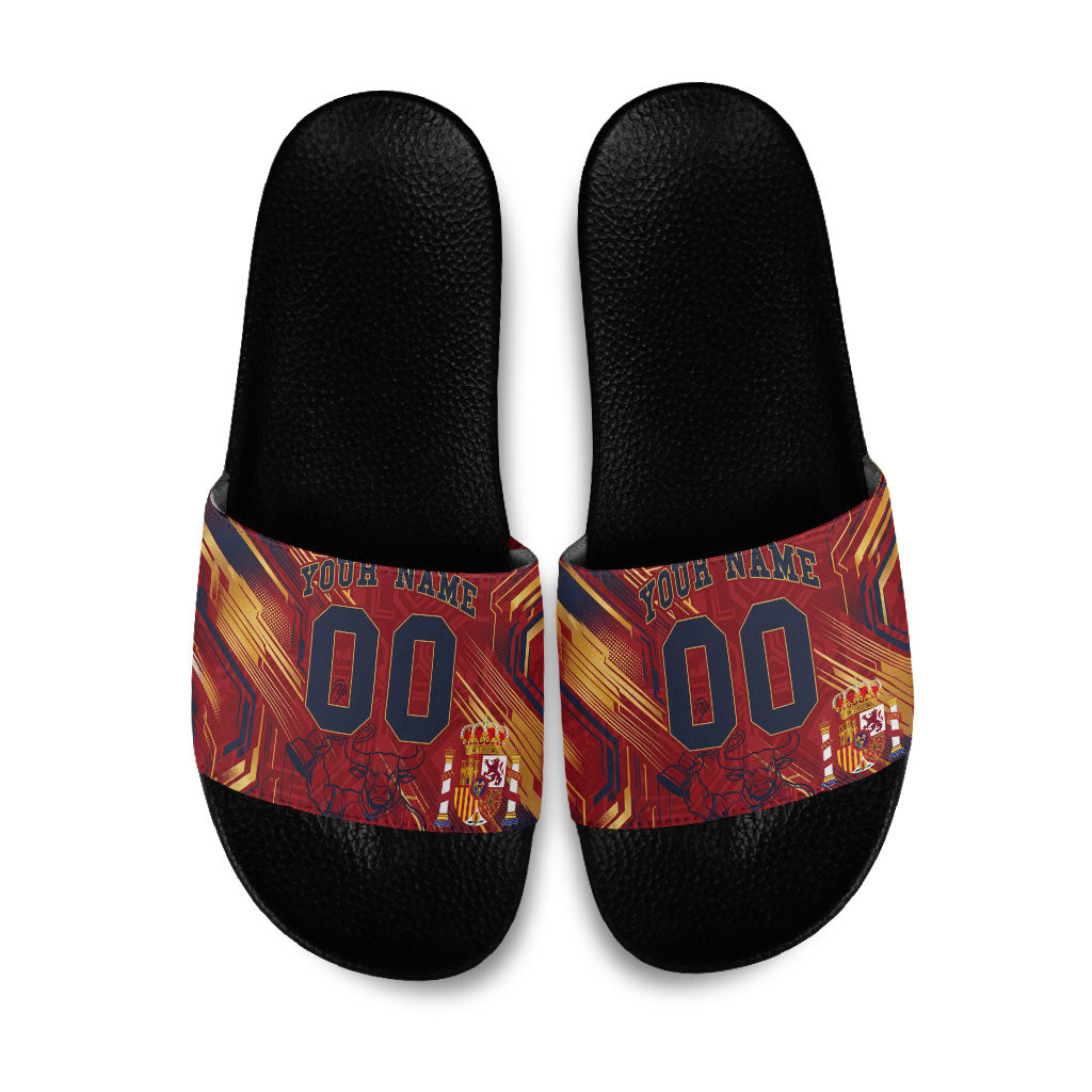Personalized Spain Football Slide Sandals Spanish Shield Bull Mascot